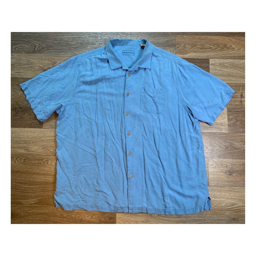 Tommy Bahama Blue 100% Silk Palm‎ Leaf Jacquard Short Sleeve Shirt Mens 2XT Tall